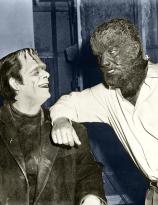 Glenn Strange and Lon Chaney Jr during some down time while filming Abbott and Costello Meet Frankenstein, Universal-1948