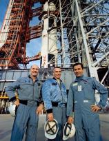 The crew of Apollo 10 in front of their ride